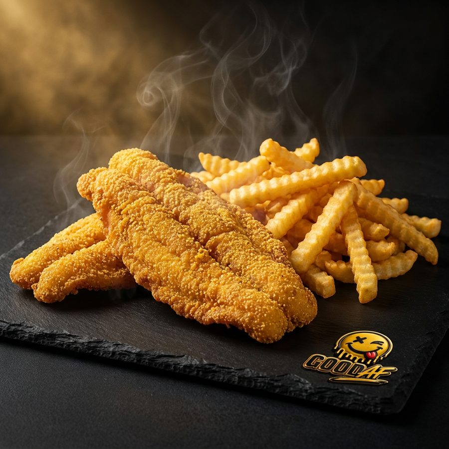 Good AF cornmeal-crusted catfish and chips